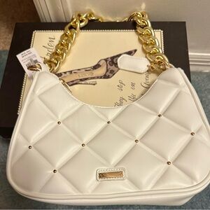 White Quilted Gold Studded Slouchy Shoulder Bag with Gold Chain